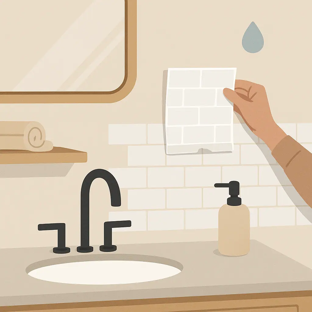 No-text editorial illustration of a renter checking peel-and-stick tile on a dry bathroom vanity wall