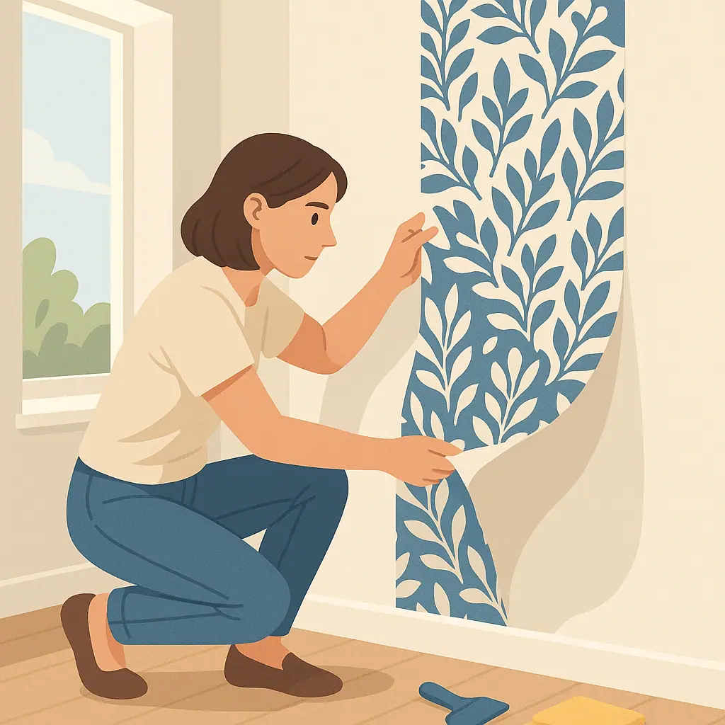Careful peel-and-stick wallpaper removal in a clean rental room