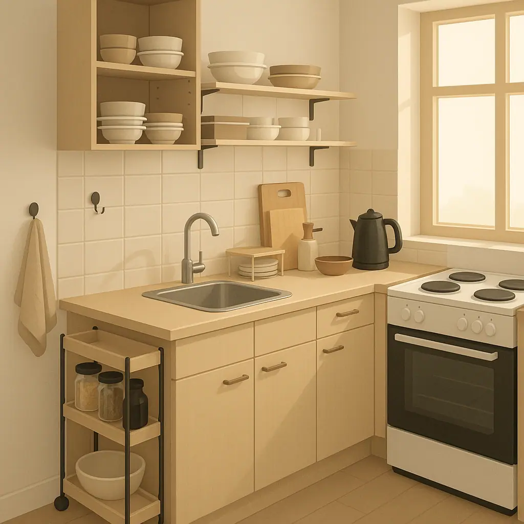 Small apartment kitchen with no-drill storage zones and a narrow rolling cart