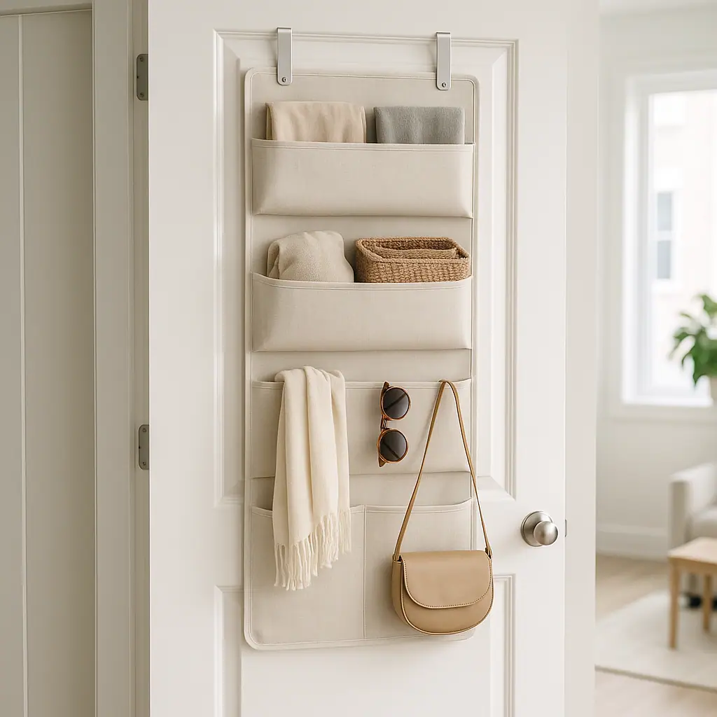 Neat over-the-door organizer on a clean rental closet door