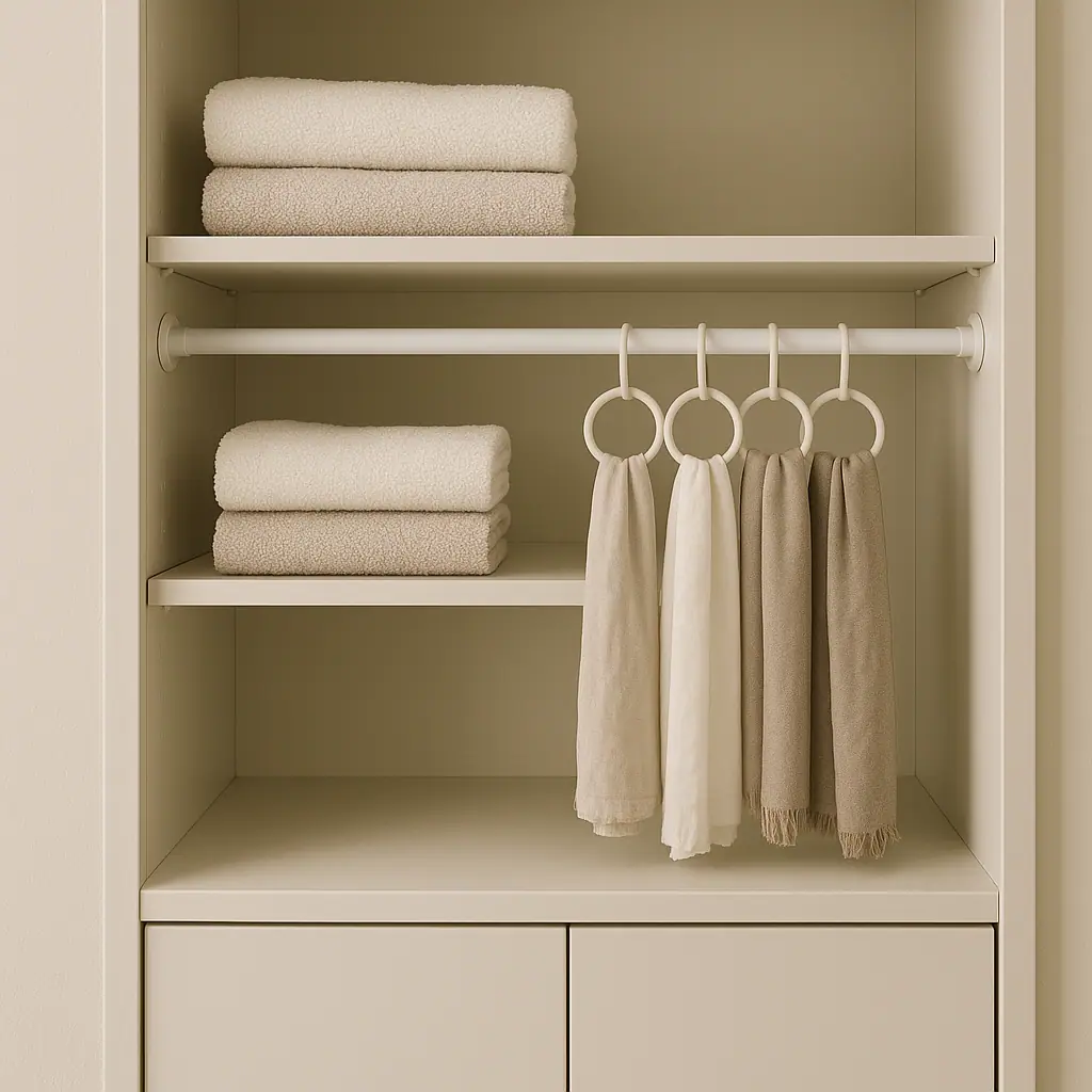 Clean illustrated bathroom cabinet with a tension rod holding light storage items
