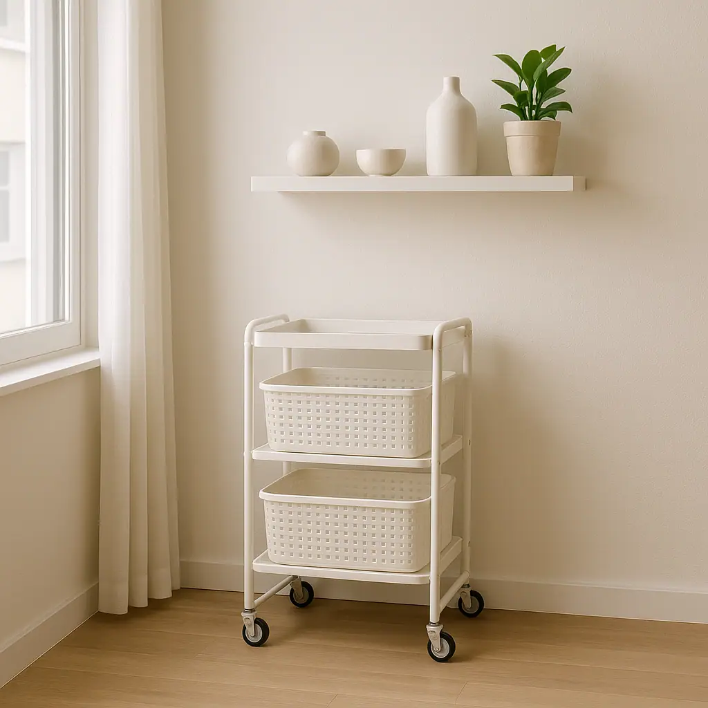 Clean editorial illustration of a rolling cart beside a lightweight wall shelf in a rental apartment