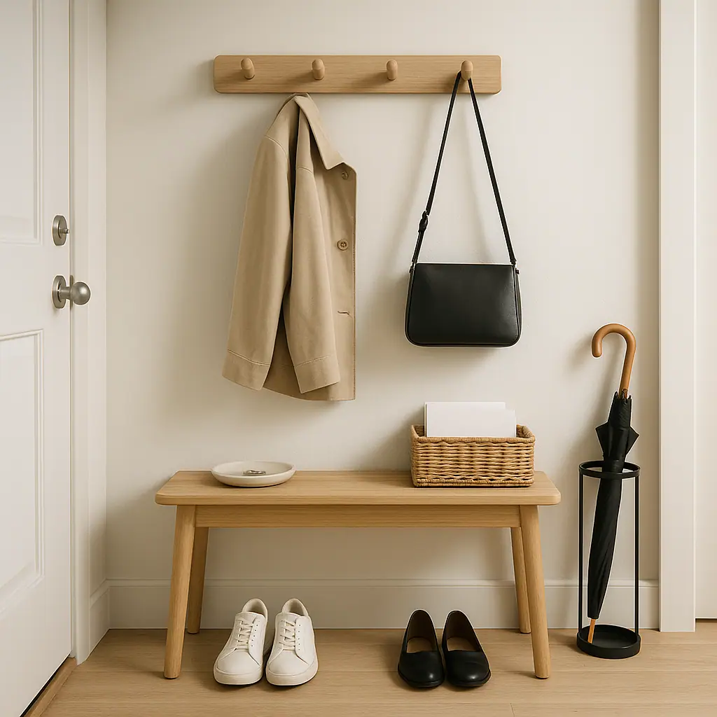 Clean editorial illustration of a renter-friendly entryway drop zone with a small bench, tray, basket, and light hooks