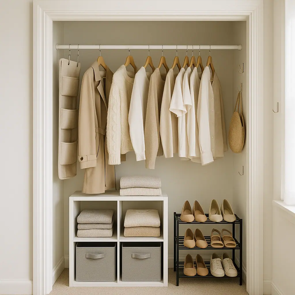 Clean editorial illustration of a renter-friendly closet with freestanding shelves, hanging organizers, baskets, and no wall drilling