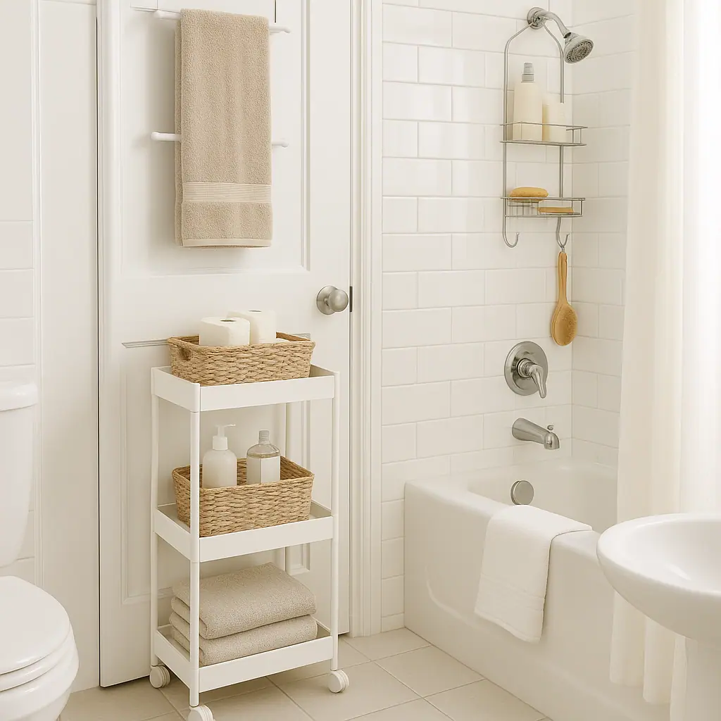 Clean editorial illustration of a small rental bathroom with lightweight freestanding storage, baskets, and over-door organizers without drilled shelves
