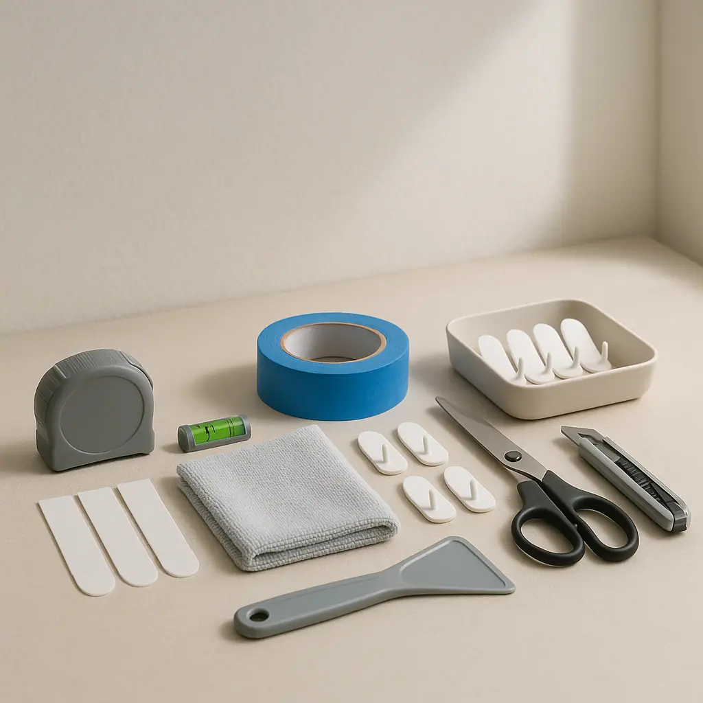 Clean editorial illustration of a beginner no-drill toolkit with measuring tape, level, painter tape, adhesive strips, hooks, microfiber cloth, and small organizer box
