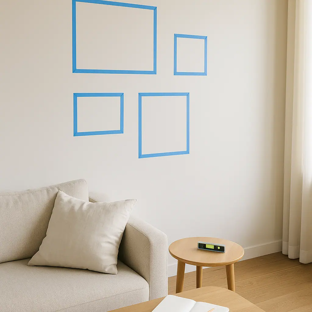 Clean editorial illustration of a renter measuring a wall and nearby furniture before planning removable home upgrades