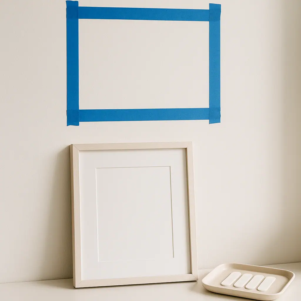 Painter's tape strips marking a clean no-drill wall layout