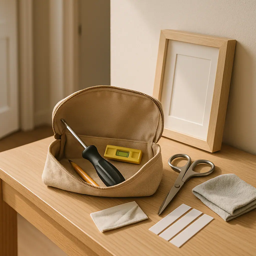 Compact renter tool kit arranged beside adhesive strips and a tape measure