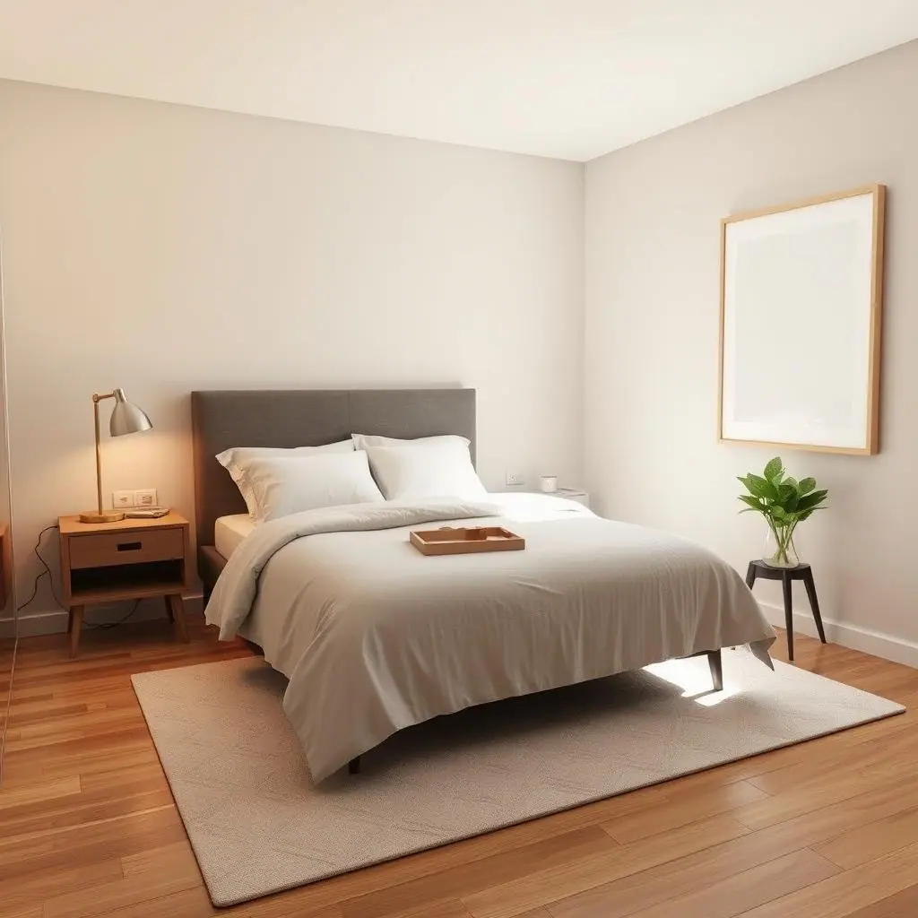 Illustrated rental bedroom with no-drill decor, soft lighting, and tidy bedside storage