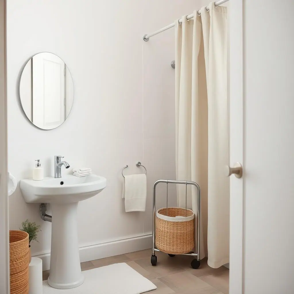 Clean editorial illustration of a small rental bathroom refreshed with textiles, a tray, freestanding storage, and no fixture changes
