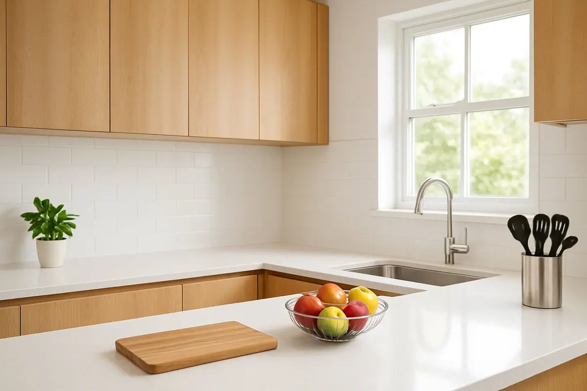 Clean editorial illustration of a rental kitchen with removable storage, warm lighting, tidy counters, and unchanged cabinet fronts