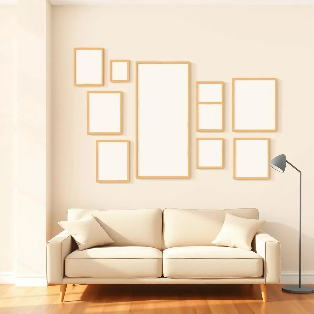 No-text illustration of a renter-friendly gallery wall with lightweight blank frames above a sofa