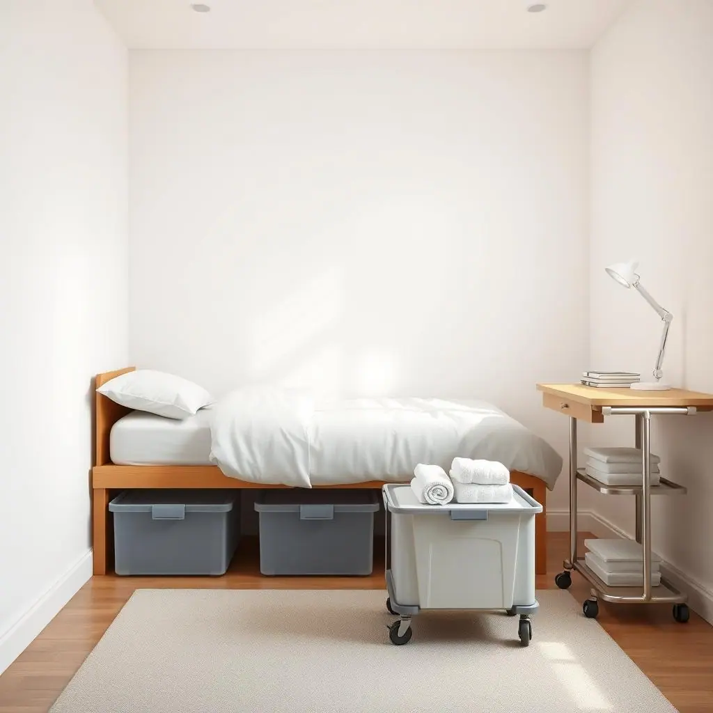 Clean editorial illustration of a tidy dorm room with removable storage, clip-on lighting, soft bedding, and lightweight wall decor