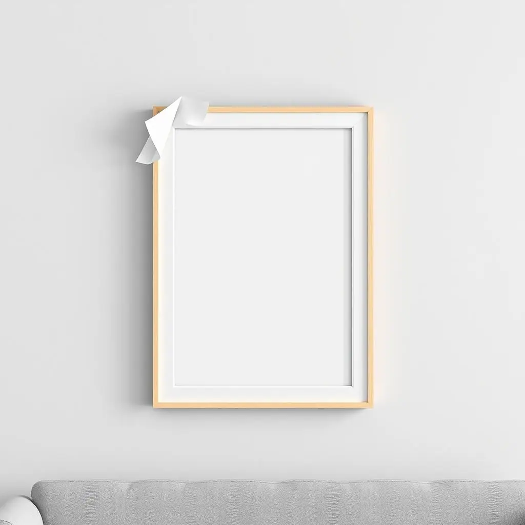 No-text illustration of a picture frame corner peeling away from adhesive strips on an apartment wall