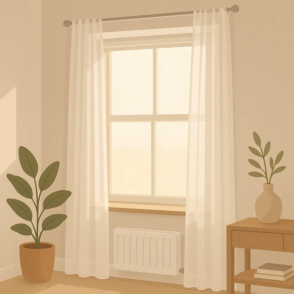 No-text editorial illustration of light curtains on a rental window using a renter-friendly no-drill setup