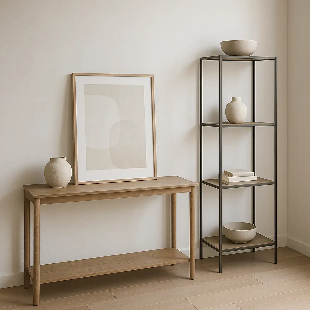 No-text editorial photo of framed decor leaning near a textured rental wall instead of being drilled