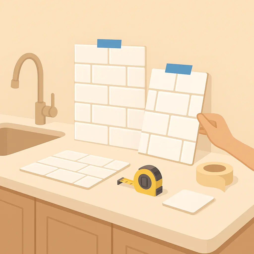 No-text editorial illustration of peel-and-stick backsplash sheets being planned on a renter kitchen wall