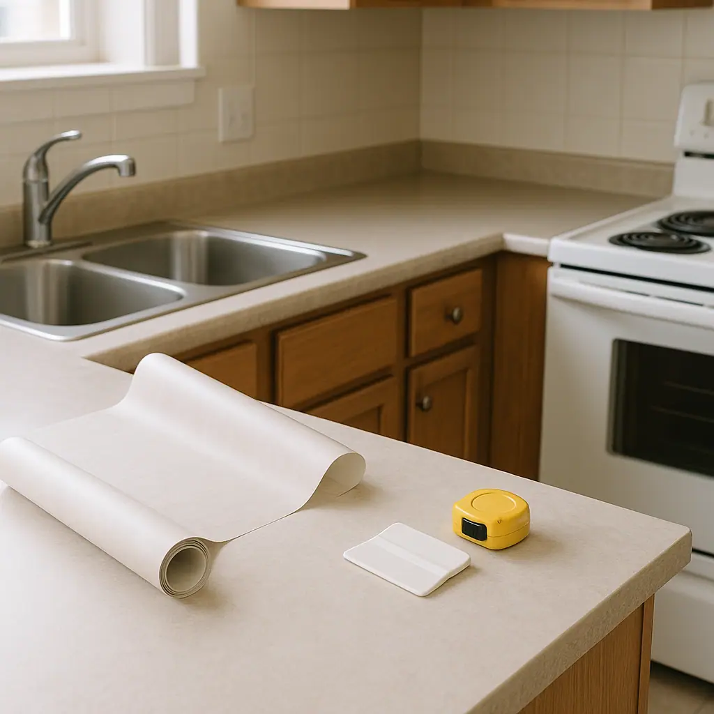 No-text editorial illustration of a renter carefully applying contact paper to a clean countertop