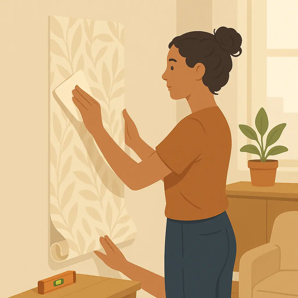 No-text editorial illustration of a renter smoothing peel-and-stick wallpaper onto a clean apartment wall